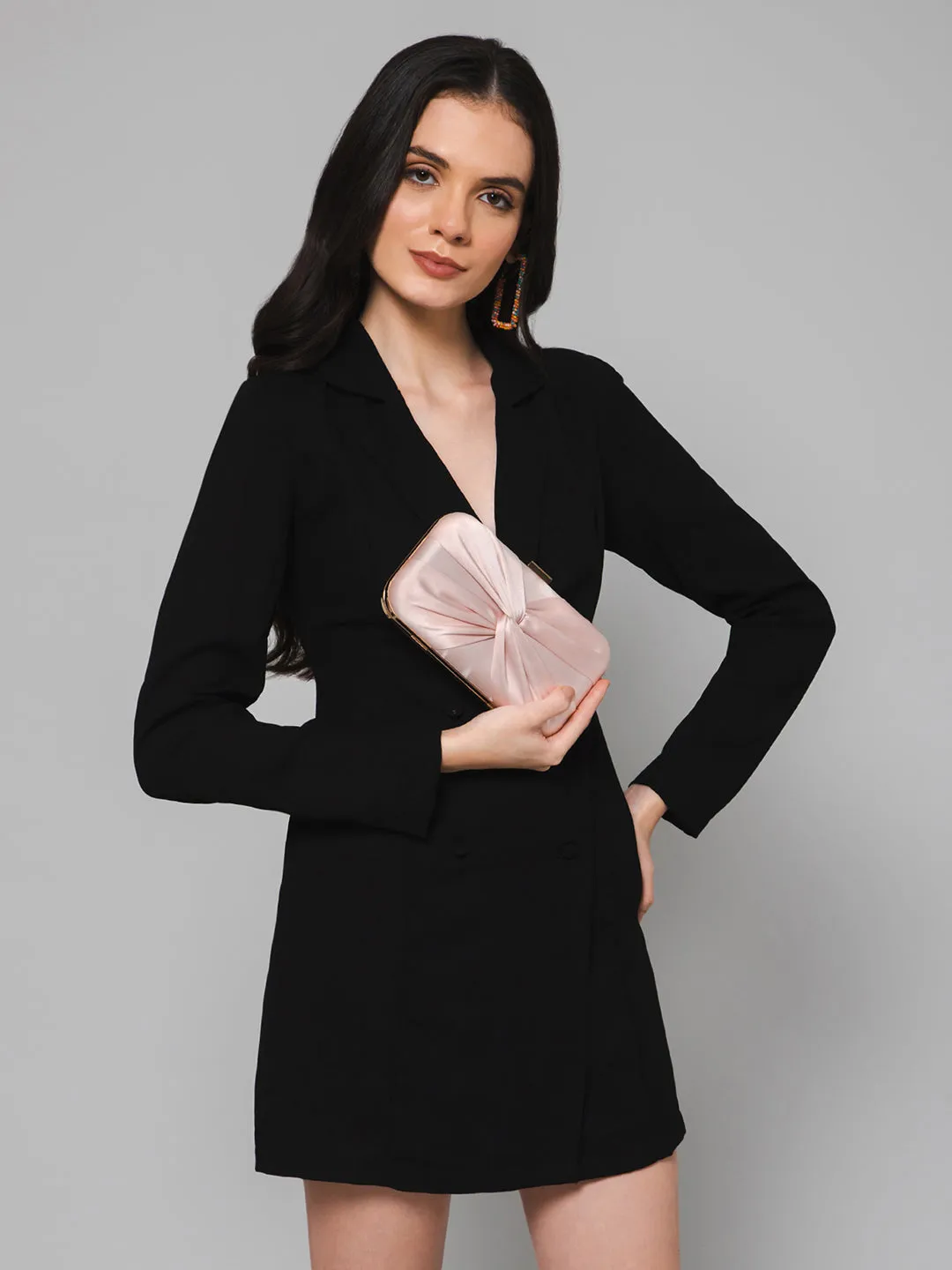 Berrylush Women Solid Pink Satin Finished Front Bow Click Box Clutch
