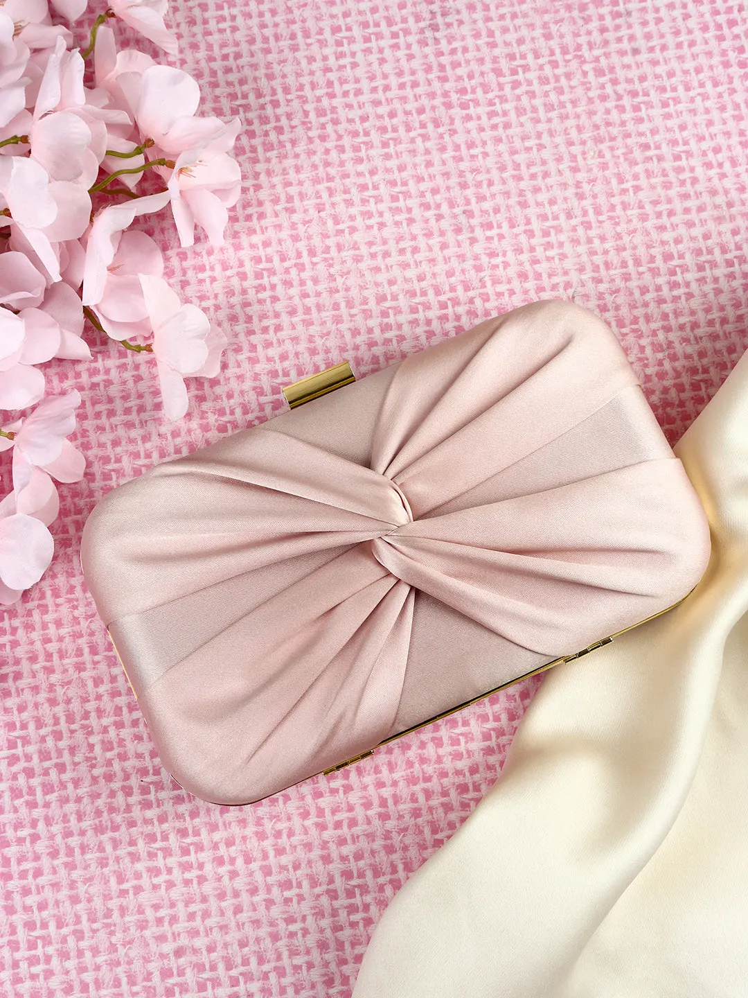 Berrylush Women Solid Pink Satin Finished Front Bow Click Box Clutch
