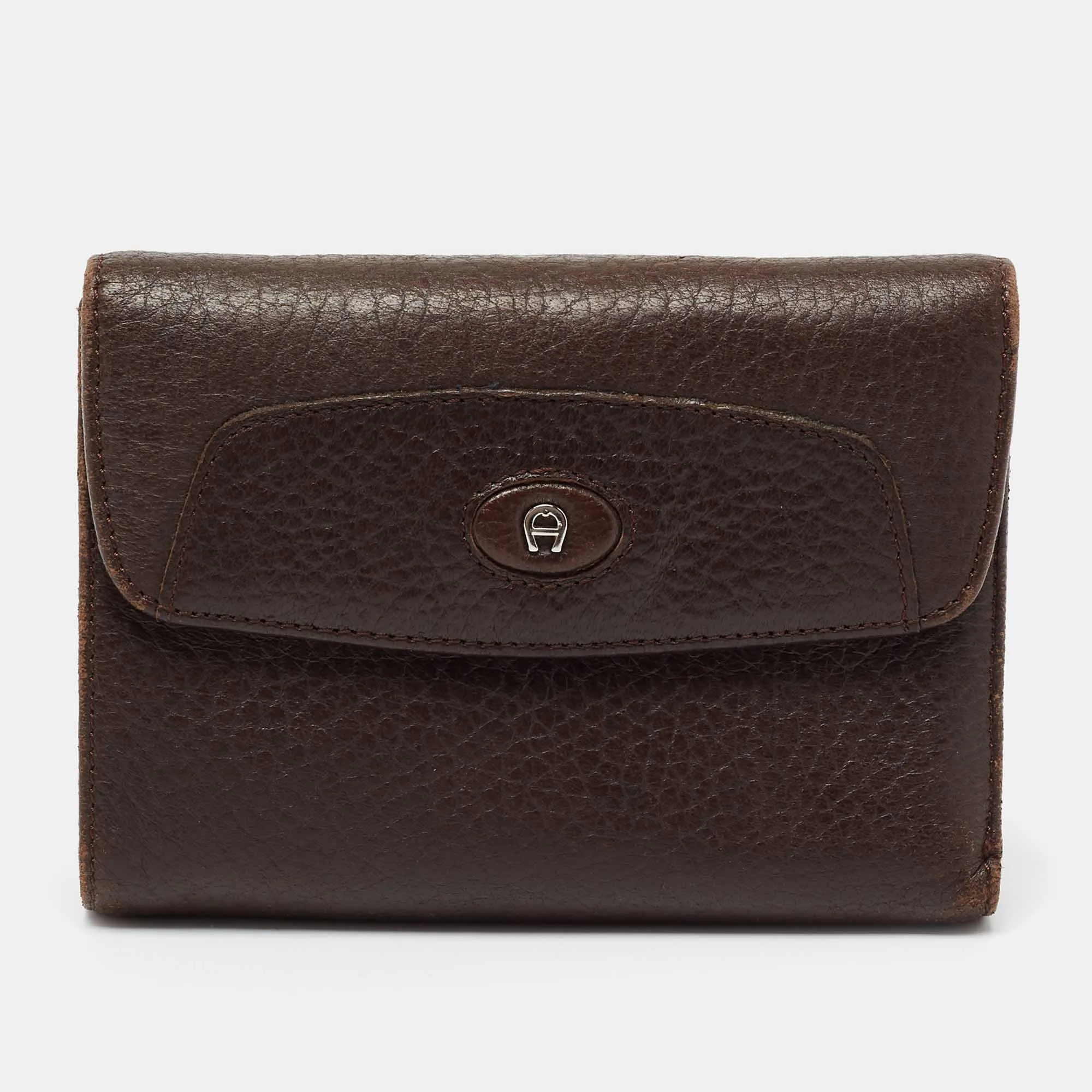 Brown Leather Logo Flap Trifold Wallet