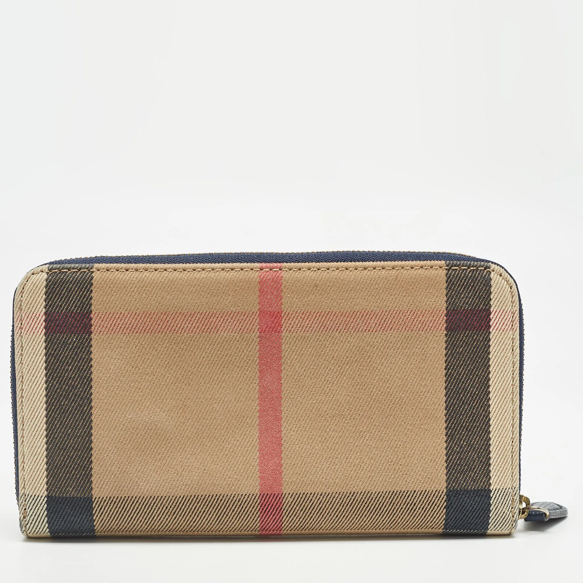 BURBERRY Navy Blue/Beige House Check Canvas and Leather Zip Continental Wallet