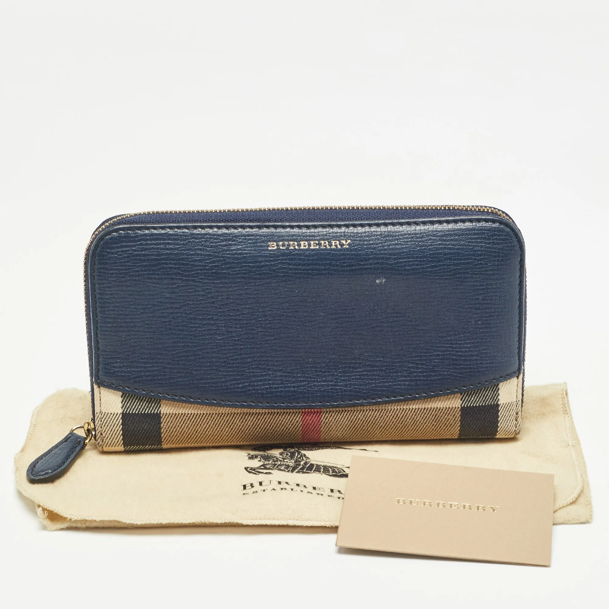 BURBERRY Navy Blue/Beige House Check Canvas and Leather Zip Continental Wallet