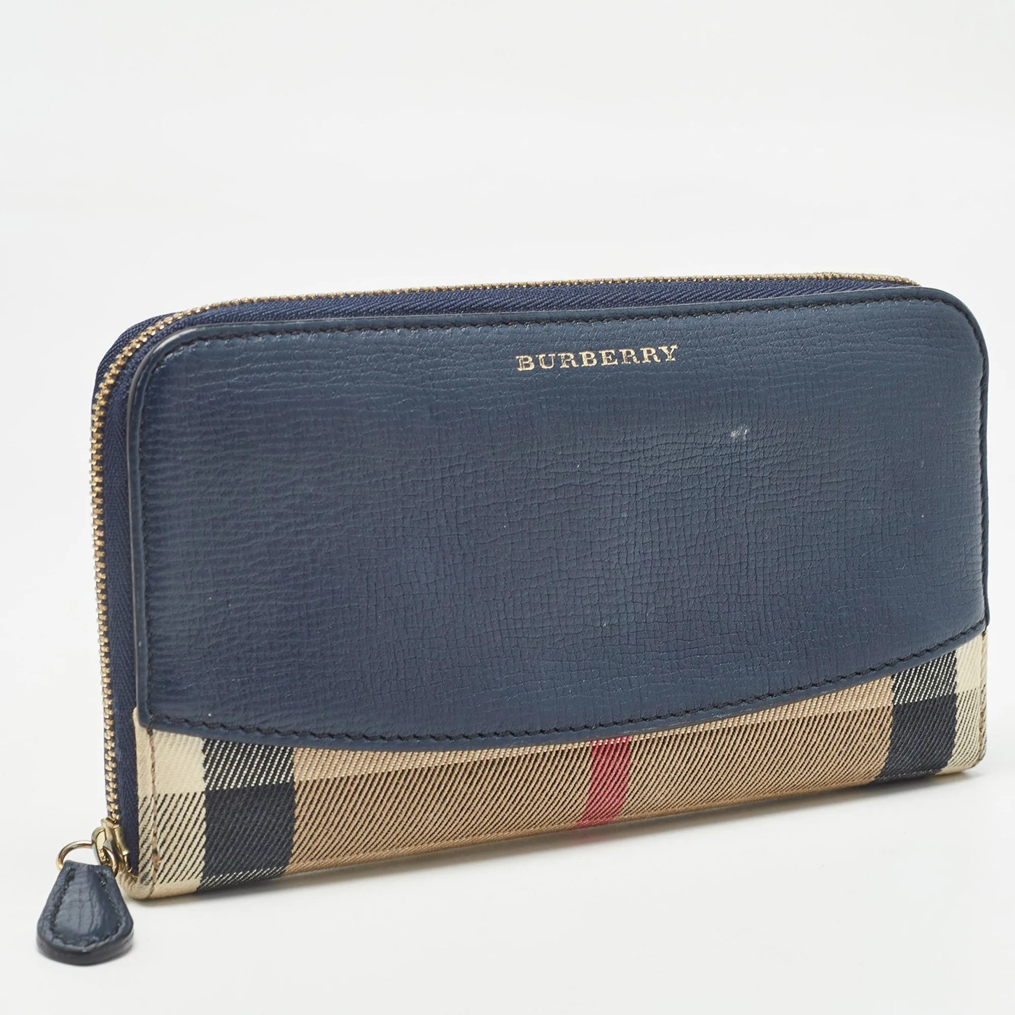 BURBERRY Navy Blue/Beige House Check Canvas and Leather Zip Continental Wallet