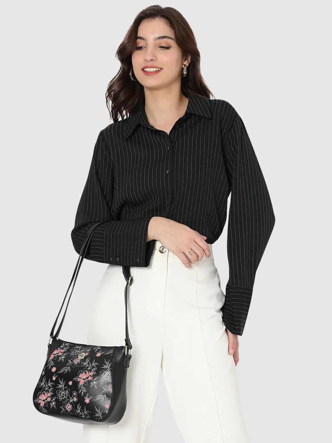 Caprese Snow Sling Medium Printed Women'S Handbag Black