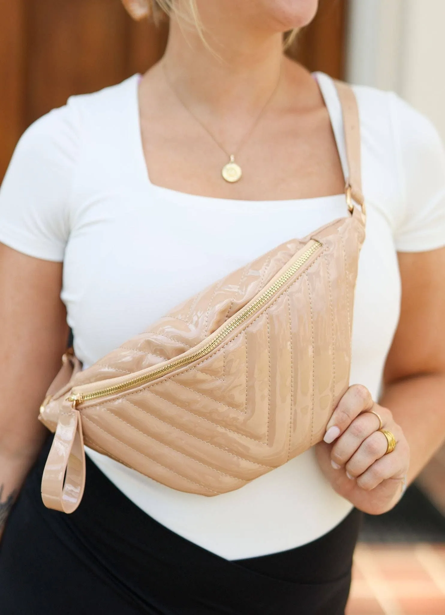 Charlotte Quilted Sling Belt Bag Fanny Pack Nude Patent