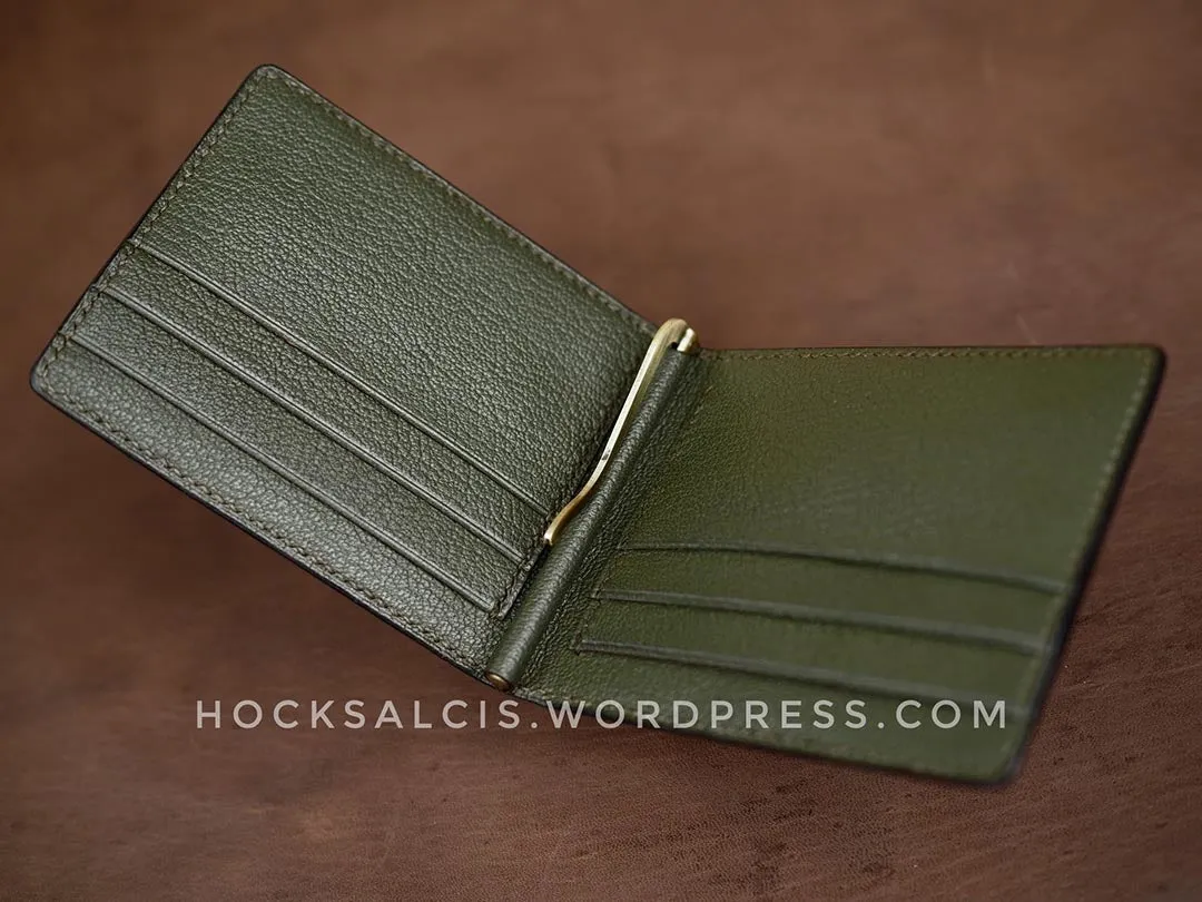 Custom personalised goat skin leather money clip wallet olive green