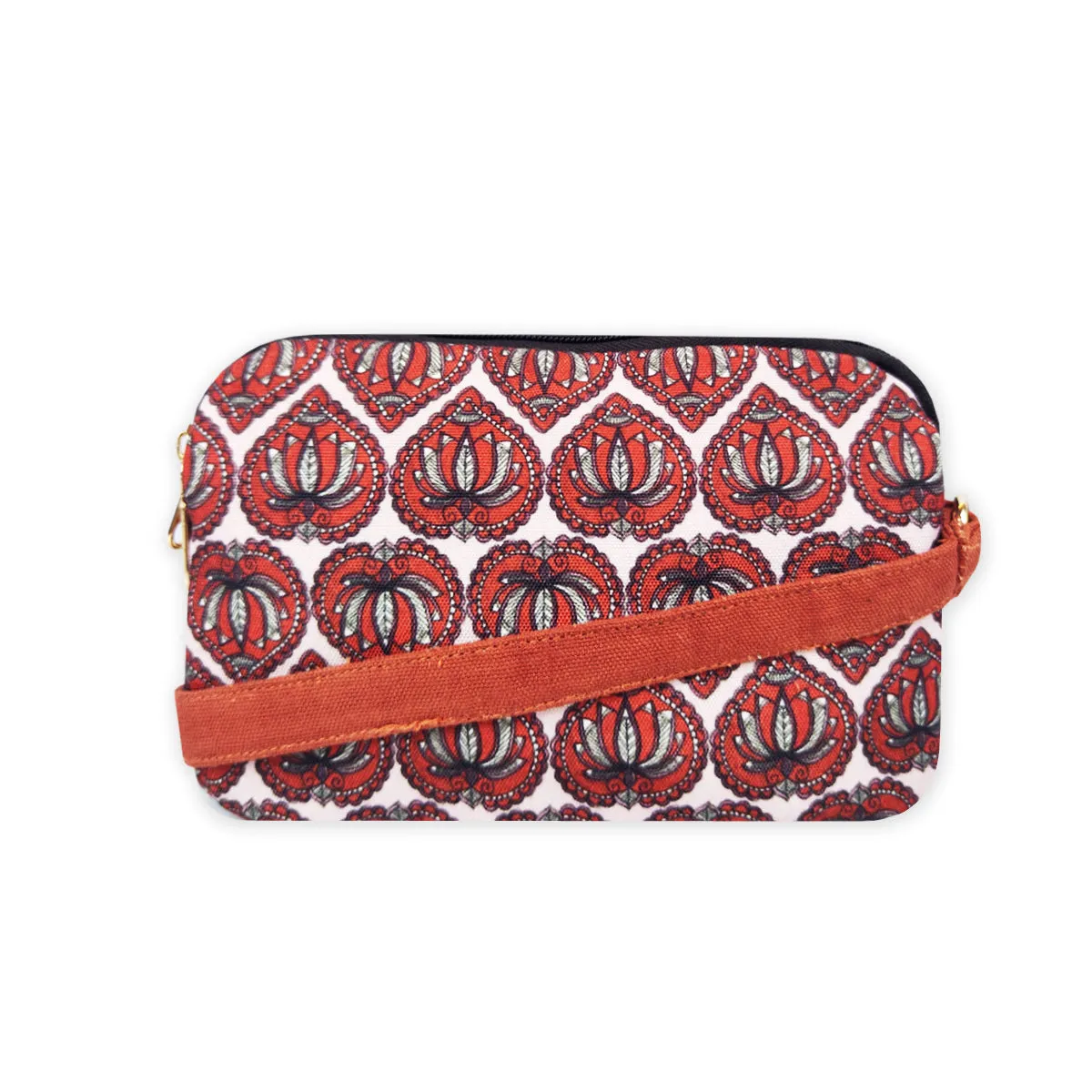 Dual Compartment Sling Bag- Lotus Madhubani