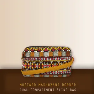 Dual Compartment Sling Bag- Mustard Madhubani Border