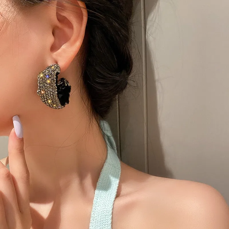 FYUAN White Black Full Rhinestones Hoop Earrings Velvet Cloth Round Geometric Earrings for Women Statement Jewelry