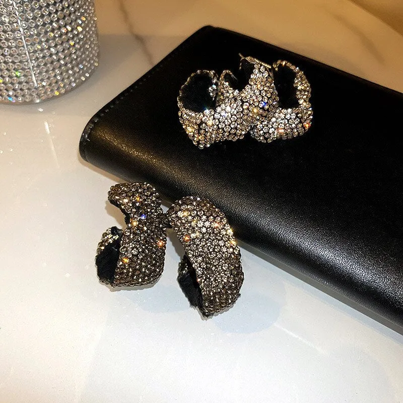 FYUAN White Black Full Rhinestones Hoop Earrings Velvet Cloth Round Geometric Earrings for Women Statement Jewelry