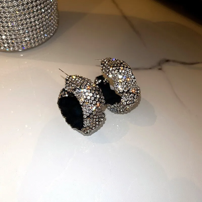 FYUAN White Black Full Rhinestones Hoop Earrings Velvet Cloth Round Geometric Earrings for Women Statement Jewelry