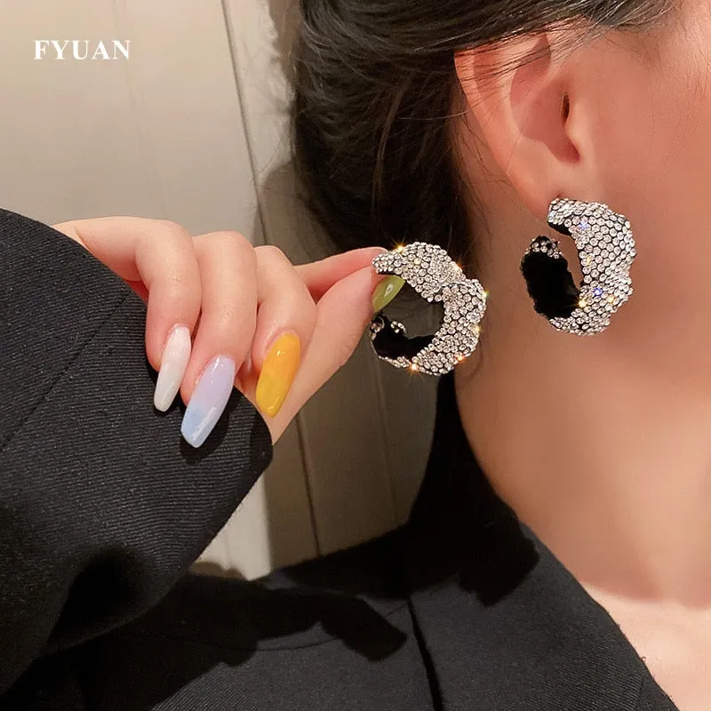 FYUAN White Black Full Rhinestones Hoop Earrings Velvet Cloth Round Geometric Earrings for Women Statement Jewelry