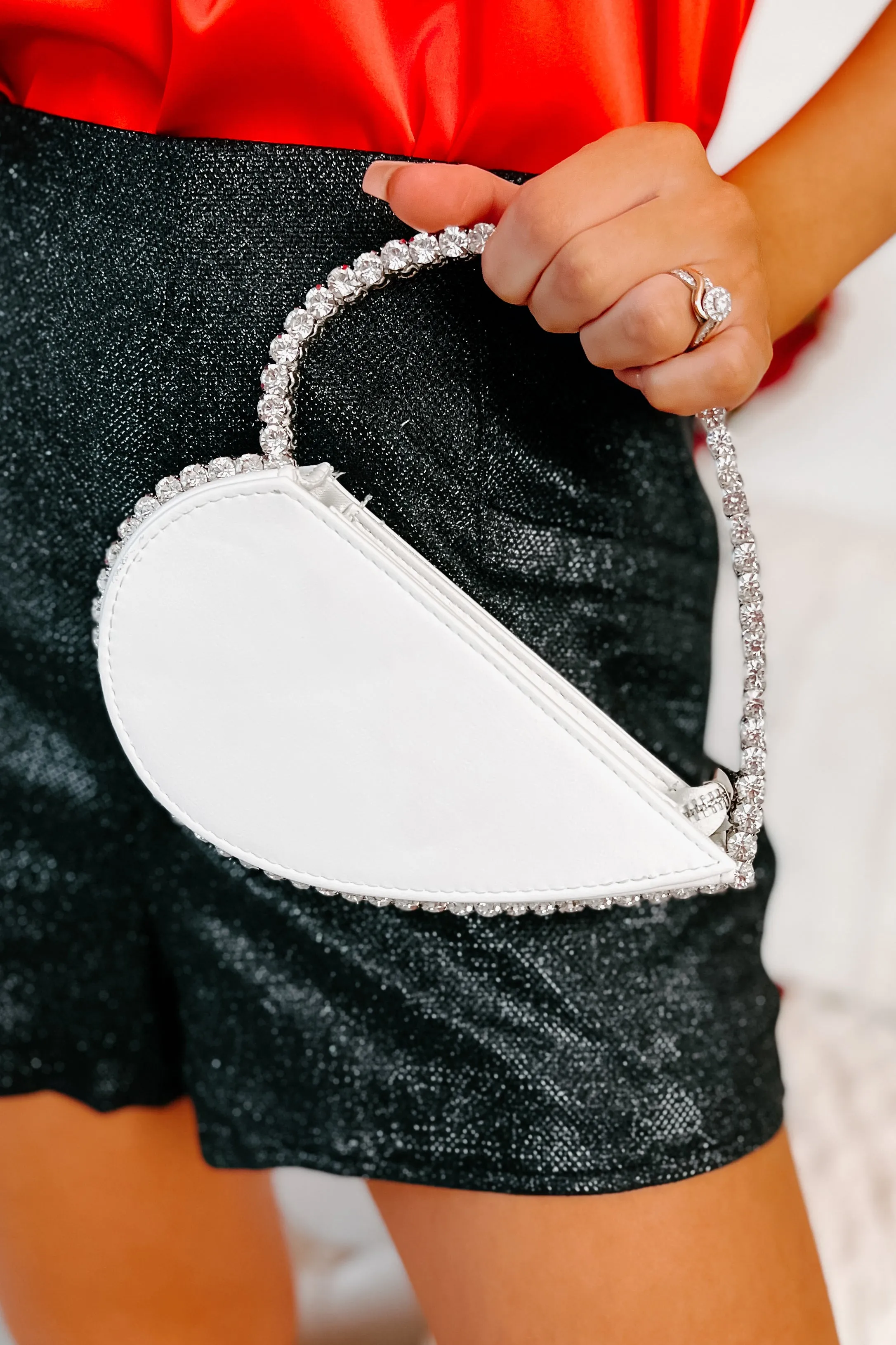 Heart On Your Sleeve Rhinestone Heart Clutch (White)