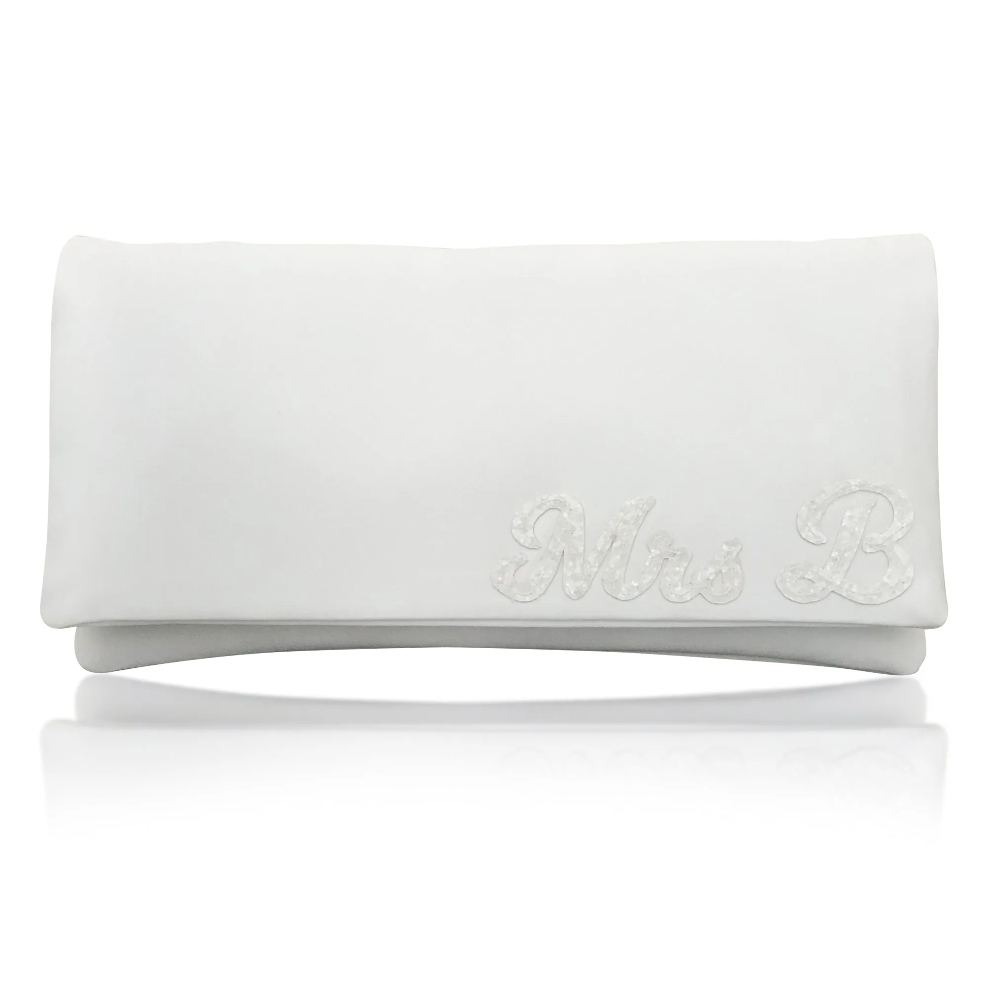 Ivory satin MRS and initial wedding day bridal clutch handbag