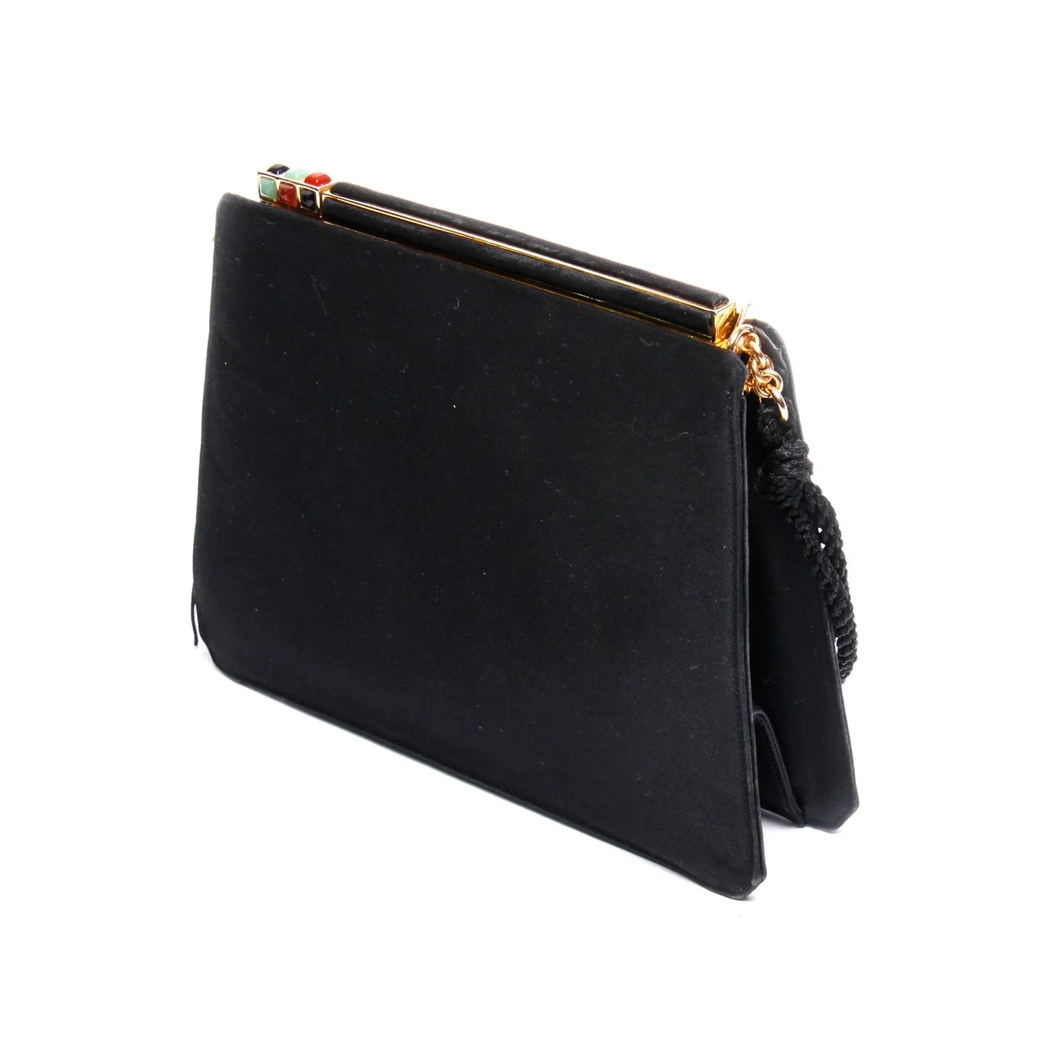 Judith Leiber Vintage Black Satin Tassel Shoulder Clutch
