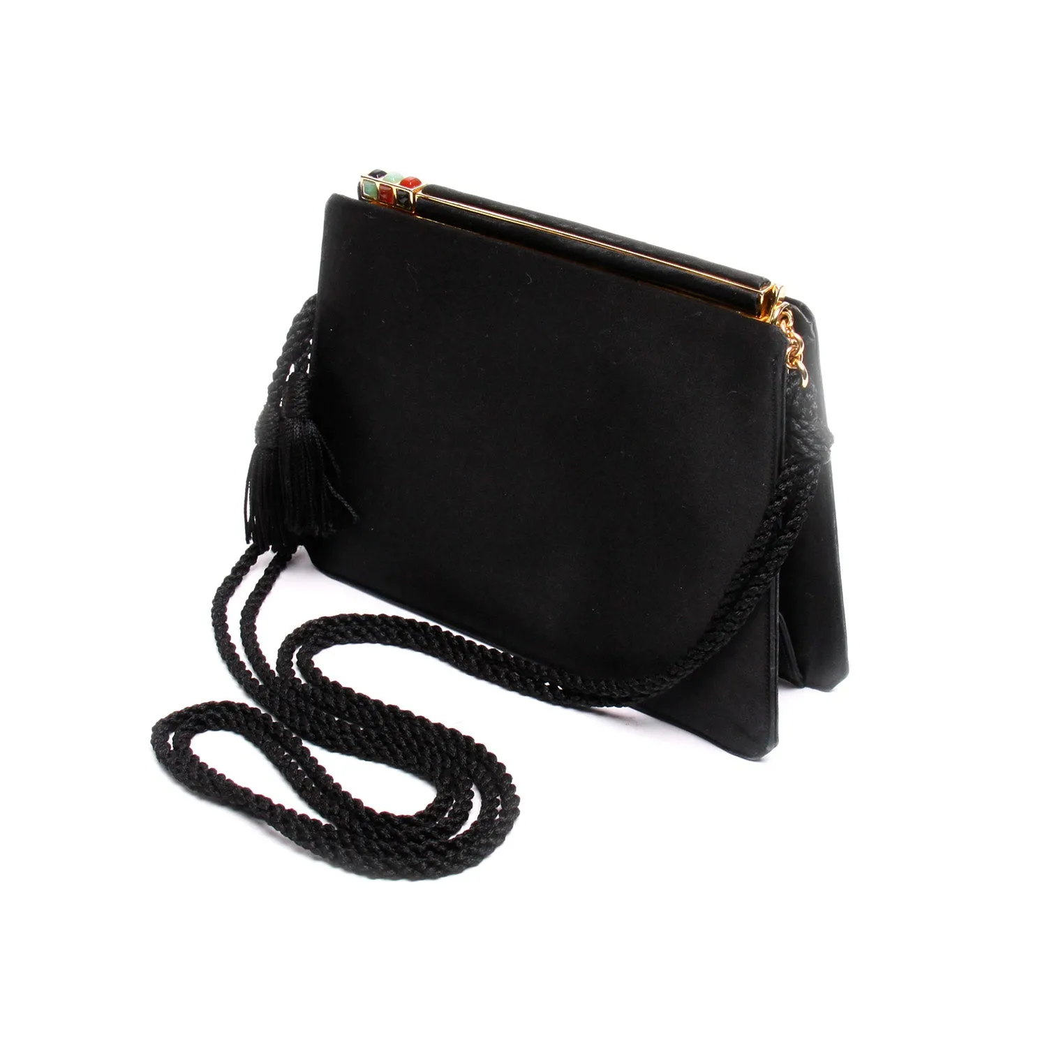 Judith Leiber Vintage Black Satin Tassel Shoulder Clutch