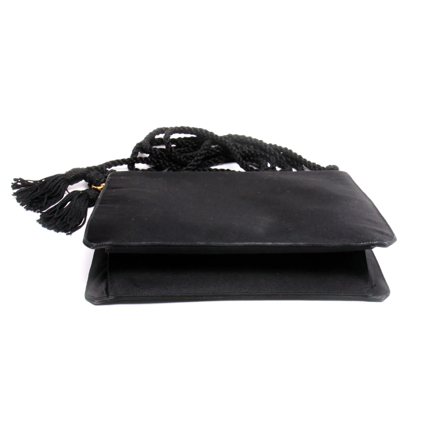 Judith Leiber Vintage Black Satin Tassel Shoulder Clutch
