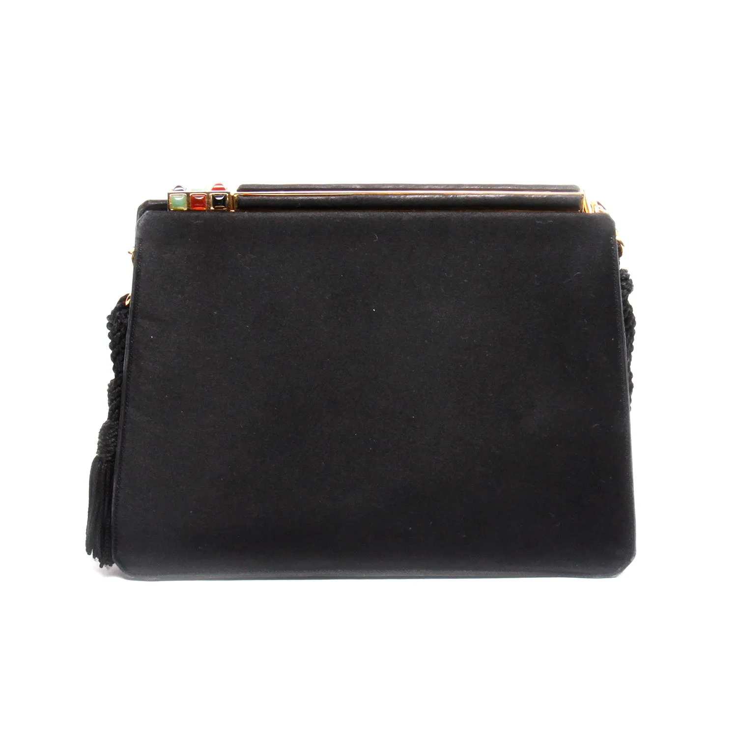 Judith Leiber Vintage Black Satin Tassel Shoulder Clutch