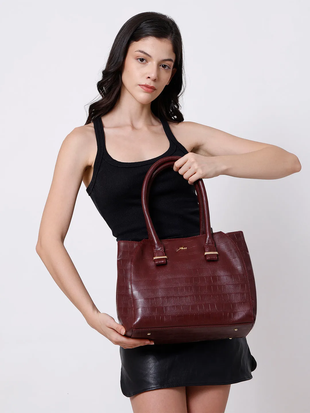 Maroon PU Leather Solid Handbag for Women