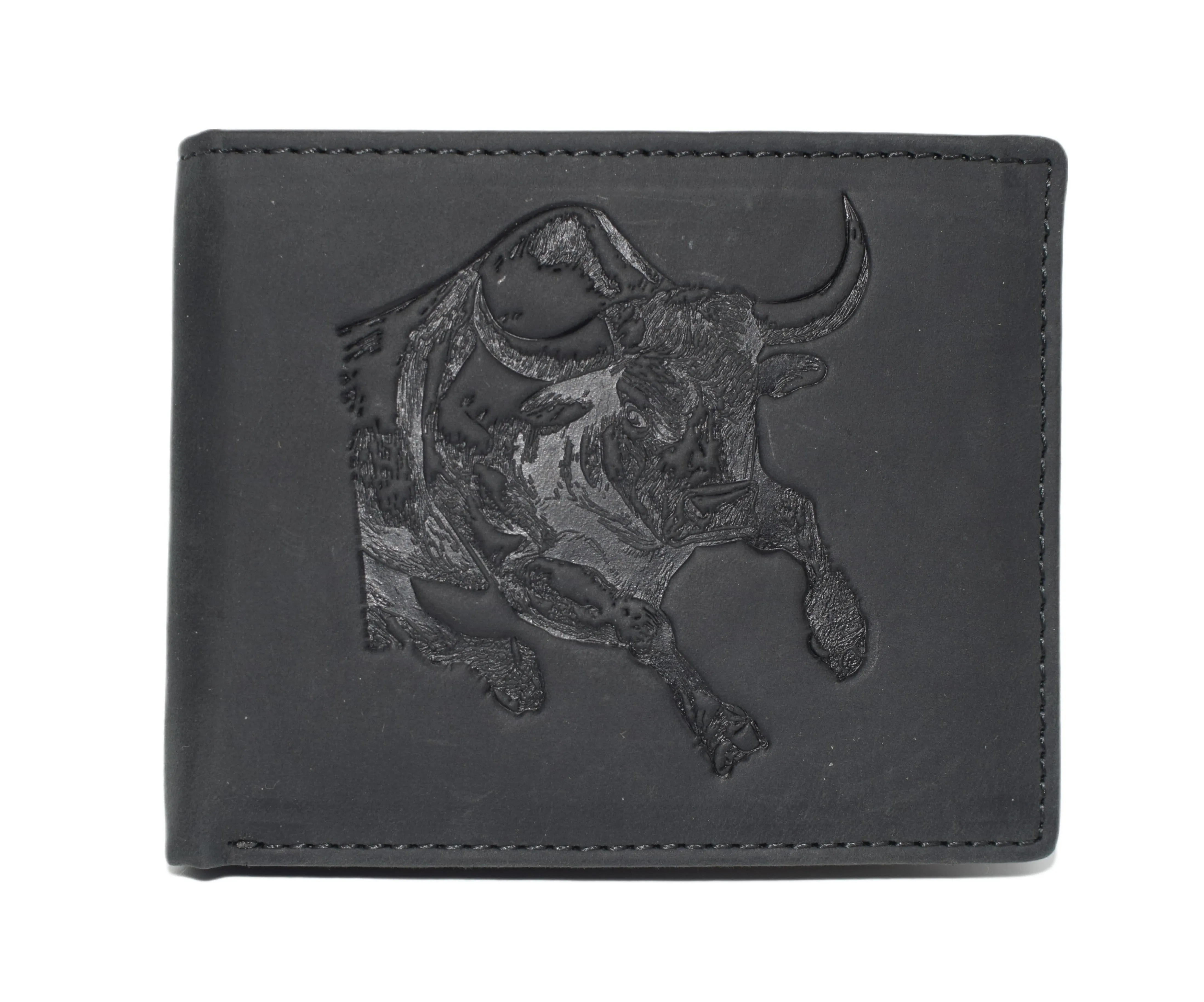 Western Wallet For Men - Vintage Cowhide Leather Rodeo Bull Bifold Wallet For Cowboys - Men’s Wallet Bifold RFID Blocking Card Holder