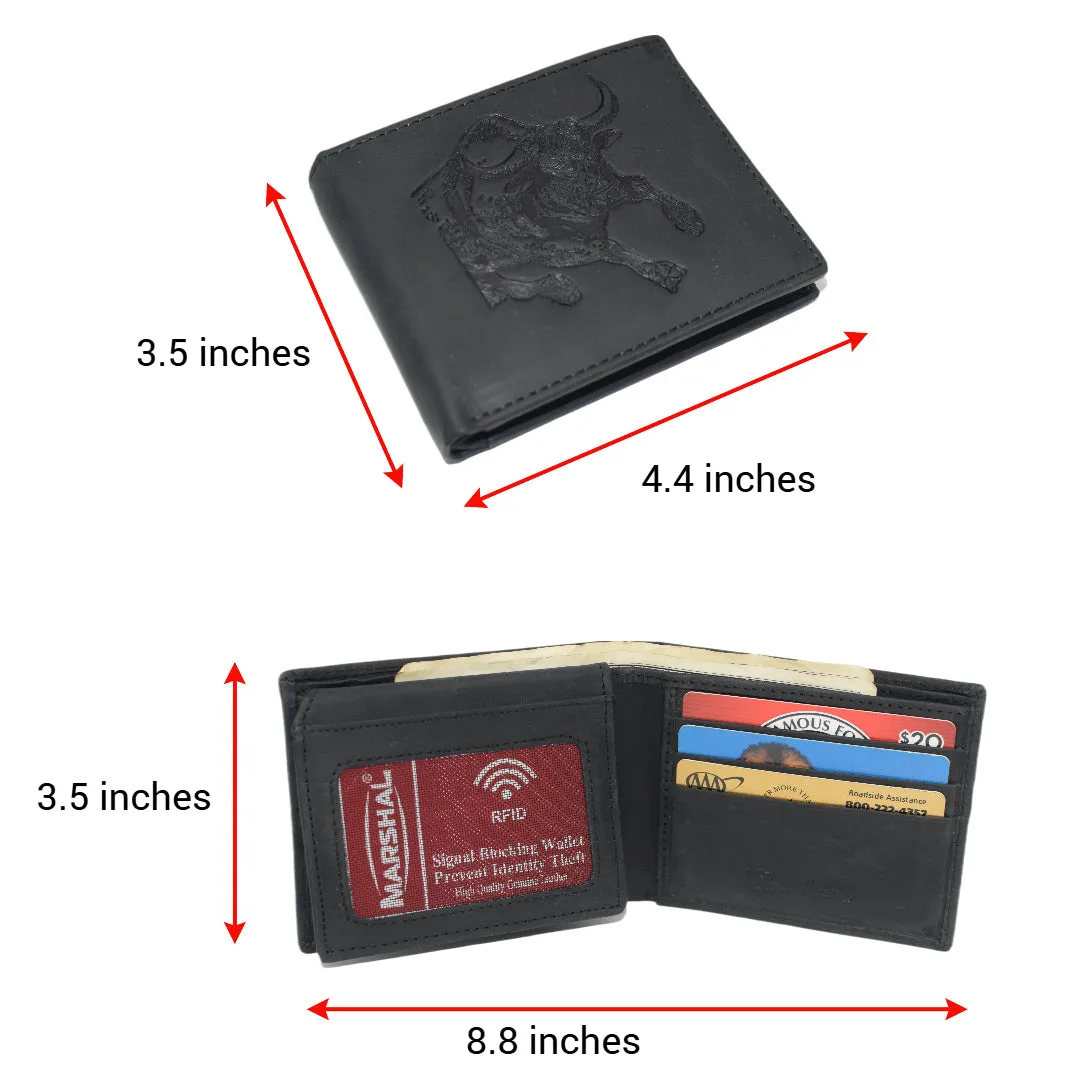 Western Wallet For Men - Vintage Cowhide Leather Rodeo Bull Bifold Wallet For Cowboys - Men’s Wallet Bifold RFID Blocking Card Holder