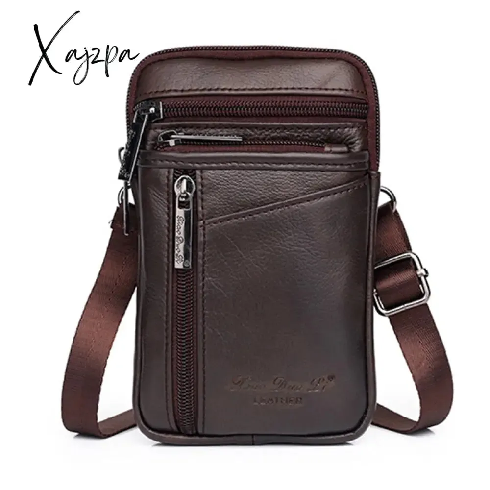Xajzpa - Genuine Leather Men Mini Cross body Shoulder Fanny Bags Casual Hook Cell Mobile Phone Case Messenger Belt Bag Purse Waist Pack