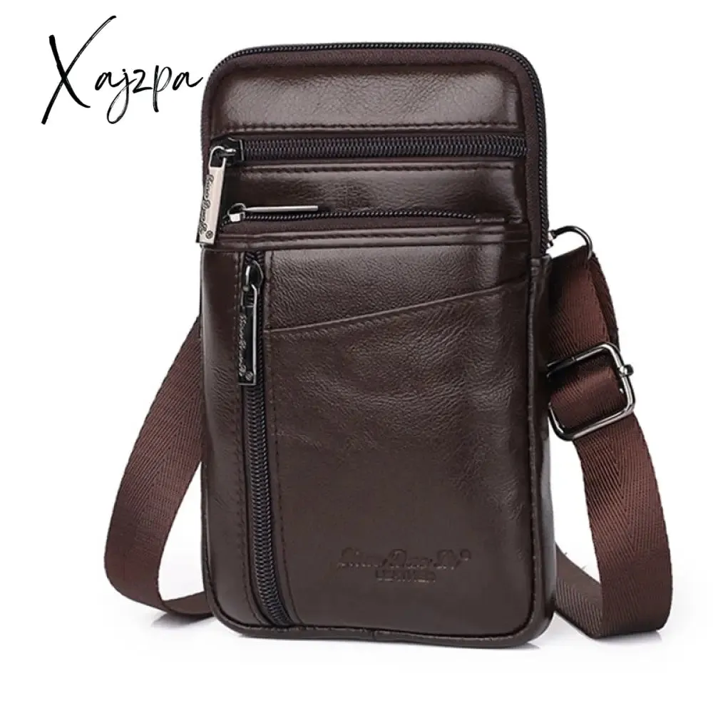 Xajzpa - Genuine Leather Men Mini Cross body Shoulder Fanny Bags Casual Hook Cell Mobile Phone Case Messenger Belt Bag Purse Waist Pack