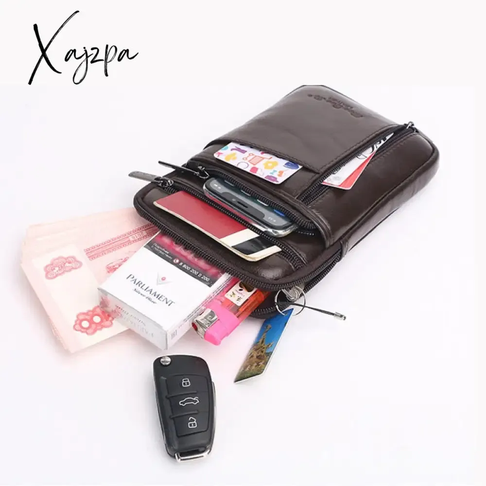 Xajzpa - Genuine Leather Men Mini Cross body Shoulder Fanny Bags Casual Hook Cell Mobile Phone Case Messenger Belt Bag Purse Waist Pack