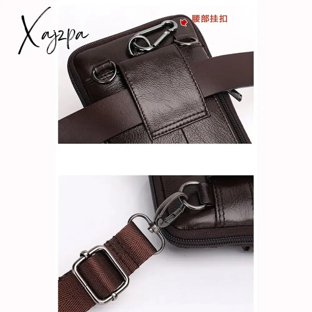 Xajzpa - Genuine Leather Men Mini Cross body Shoulder Fanny Bags Casual Hook Cell Mobile Phone Case Messenger Belt Bag Purse Waist Pack