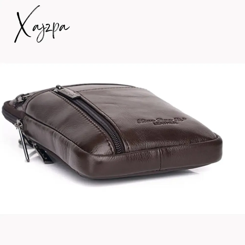 Xajzpa - Genuine Leather Men Mini Cross body Shoulder Fanny Bags Casual Hook Cell Mobile Phone Case Messenger Belt Bag Purse Waist Pack