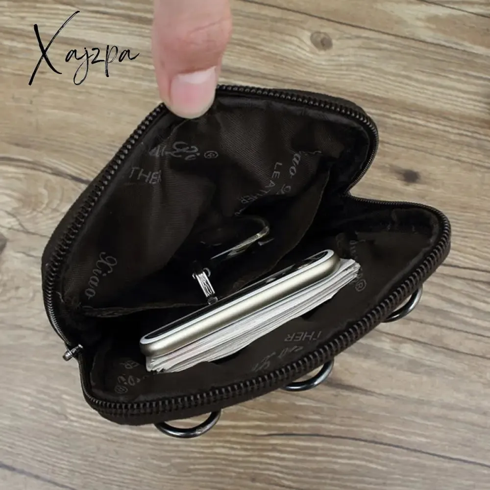 Xajzpa - Genuine Leather Men Mini Cross body Shoulder Fanny Bags Casual Hook Cell Mobile Phone Case Messenger Belt Bag Purse Waist Pack