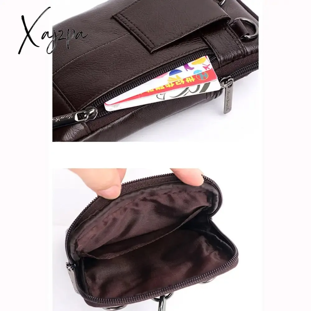 Xajzpa - Genuine Leather Men Mini Cross body Shoulder Fanny Bags Casual Hook Cell Mobile Phone Case Messenger Belt Bag Purse Waist Pack